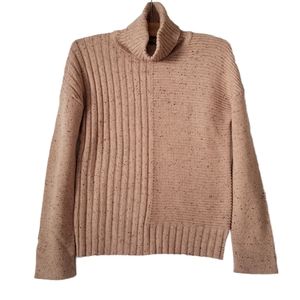 Simplee Cable Knit Pullover Sweater Tie Sleeve Detail Soft Tan Turtleneck